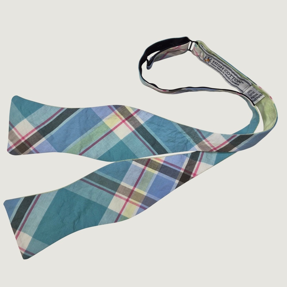 High Cotton Bow Tie Mens Blue Plaid Preppy Reversible Cotton Handmade‎ USA